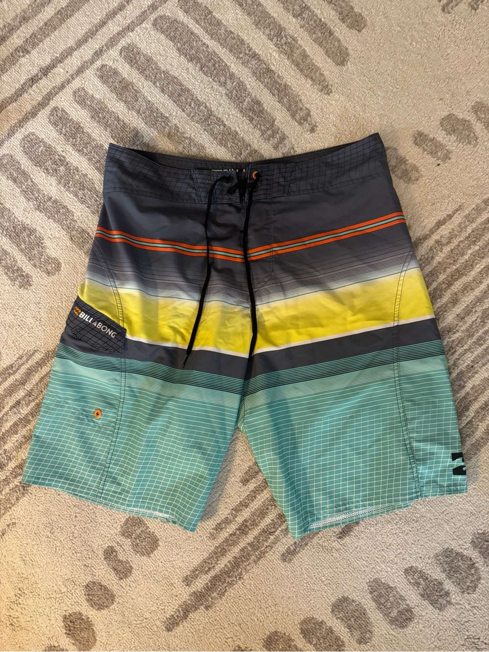 Billabong Men’s Black, Yellow & Teal Gradient Stripe Boardshorts